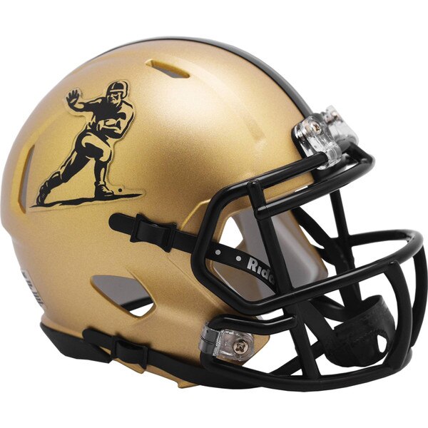 Gold Colorado Buffaloes football helmet featuring a black outline of a Heisman pose player, black facemask, and Riddell branding.